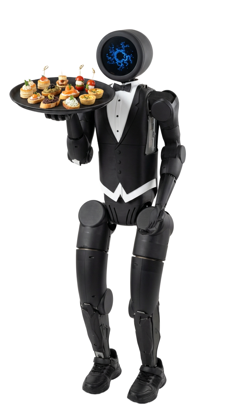Butler robot standing with a tray